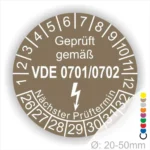 VDE Prüfplakette für elektrische Geräte, gemäß VDE 0701/0702, mit Angaben zu Prüfintervallen und nächstem Prüftermin, Durchmesser 20-50 mm.