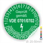 Pruefplaketten-vde-0701-0702 Farbe- Grün Startjahr- 26 mit Elektro Pfeil und Monats und Jahreszahlen