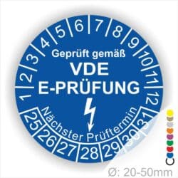 Prüfplaketten rund, Text "geprüft gemäß VDE E-Prüfung" Farbe- Blau Startjahr- 25 mit Elektro Pfeil, Monatszahlen Oben und Jahreszahlen Unten