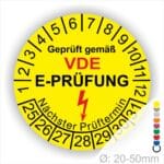 Prüfplaketten rund, Text "geprüft gemäß VDE E-Prüfung" Farbe- Gelb Startjahr- 25 mit Elektro Pfeil, Monatszahlen Oben und Jahreszahlen Unten