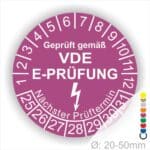 Prüfplaketten rund, Text "geprüft gemäß VDE E-Prüfung" Farbe- Lila Startjahr- 25 mit Elektro Pfeil, Monatszahlen Oben und Jahreszahlen Unten