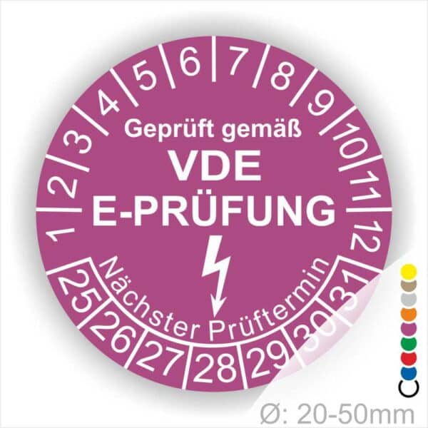 Prüfplaketten rund, Text "geprüft gemäß VDE E-Prüfung" Farbe- Lila Startjahr- 25 mit Elektro Pfeil, Monatszahlen Oben und Jahreszahlen Unten