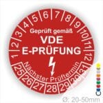 Prüfplaketten rund, Text "geprüft gemäß VDE E-Prüfung" Farbe- Rot Startjahr- 25 mit Elektro Pfeil, Monatszahlen Oben und Jahreszahlen Unten
