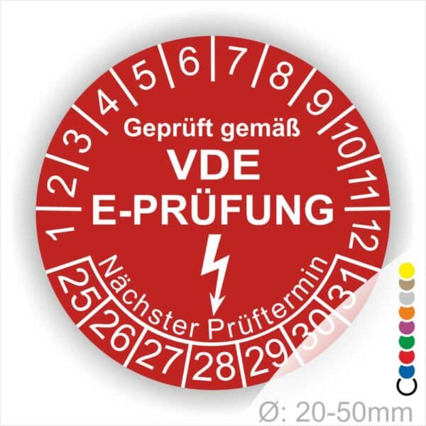 Prüfplaketten rund, Text "geprüft gemäß VDE E-Prüfung" Farbe- Rot Startjahr- 25 mit Elektro Pfeil, Monatszahlen Oben und Jahreszahlen Unten
