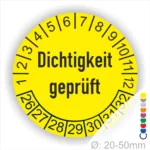 Dichtigkeit geprüft Prüfplakette gelb mit Monats- und Jahresring, runde Prüfplakette zur Kennzeichnung geprüfter Dichtheit, Durchmesser 20–50 mm