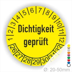 Dichtigkeit geprüft Prüfplakette gelb mit Monats- und Jahresring, runde Prüfplakette zur Kennzeichnung geprüfter Dichtheit, Durchmesser 20–50 mm