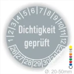 Dichtigkeit geprüft Prüfplakette grau mit Monats- und Jahresring, runde Prüfplakette zur Kennzeichnung geprüfter Dichtheit, Durchmesser 20–50 mm