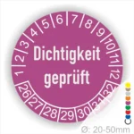 Dichtigkeit geprüft Prüfplakette lila mit Monats- und Jahresring, runde Prüfplakette zur Kennzeichnung geprüfter Dichtheit, Durchmesser 20–50 mm