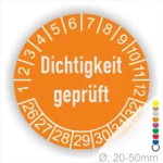 Dichtigkeit geprüft Prüfplakette orange mit Monats- und Jahresring, runde Prüfplakette zur Kennzeichnung geprüfter Dichtheit, Durchmesser 20–50 mm