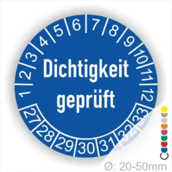 Dichtigkeit geprüft Prüfplakette blau mit Monats- und Jahresring mit Zahlen 27-33 runde Prüfplakette zur Kennzeichnung geprüfter Dichtheit, Durchmesser 20–50 mm