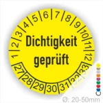 Dichtigkeit geprüft Prüfplakette gelb mit Monats- und Jahresring mit Zahlen 27-33 runde Prüfplakette zur Kennzeichnung geprüfter Dichtheit, Durchmesser 20–50 mm