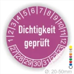 Dichtigkeit geprüft Prüfplakette lila mit Monats- und Jahresring mit Zahlen 27-33 runde Prüfplakette zur Kennzeichnung geprüfter Dichtheit, Durchmesser 20–50 mm