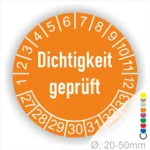 Dichtigkeit geprüft Prüfplakette orange-mit Monats- und Jahresring mit Zahlen 27-33 runde Prüfplakette zur Kennzeichnung geprüfter Dichtheit, Durchmesser 20–50 mm