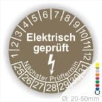 Prüfplaketten rund Farbe- Braun, Text "Elektrisch geprüft" in Weiß danach ein Elektro- Pfeil Startjahr- 25, Monatszahlen Oben und Jahreszahlen Unten in Kreisform
