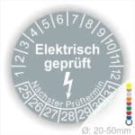 Prüfplaketten rund Farbe- Grau, Text "Elektrisch geprüft" in Weiß danach ein Elektro- Pfeil Startjahr- 25, Monatszahlen Oben und Jahreszahlen Unten in Kreisform