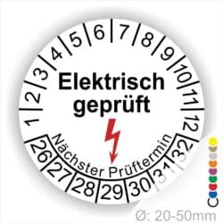 Prüfplaketten rund Farbe- Gelb, Text "Elektrisch geprüft" in Schwarz danach ein Elektro- Pfeil in Rot, Startjahr- 26, Monatszahlen Oben und Jahreszahlen Unten in Kreisform