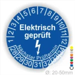 Rundes Etikett für elektrische Prüfungen mit der Aufschrift "Elektrisch geprüft" und Angaben zum nächsten Prüftermin. Ideal für die Kennzeichnung von elektrischen Geräten mit einem Durchmesser von 20-50 mm.