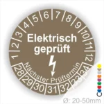 Rundaufkleber mit der Aufschrift "Elektrisch geprüft" und dem Hinweis auf den nächsten Prüftermin. Der Durchmesser beträgt 20-50 mm. Ideal für die Kennzeichnung von elektrischen Geräten nach Prüfung.