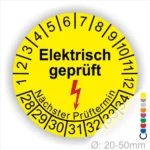 Gelbes Prüfzeichen mit der Aufschrift "Elektrisch geprüft" und einem Blitzsymbol, das den nächsten Prüftermin anzeigt. Durchmesser von 20-50 mm, ideal zur Kennzeichnung von elektrischen Geräten und Sicherheitsprüfungen.