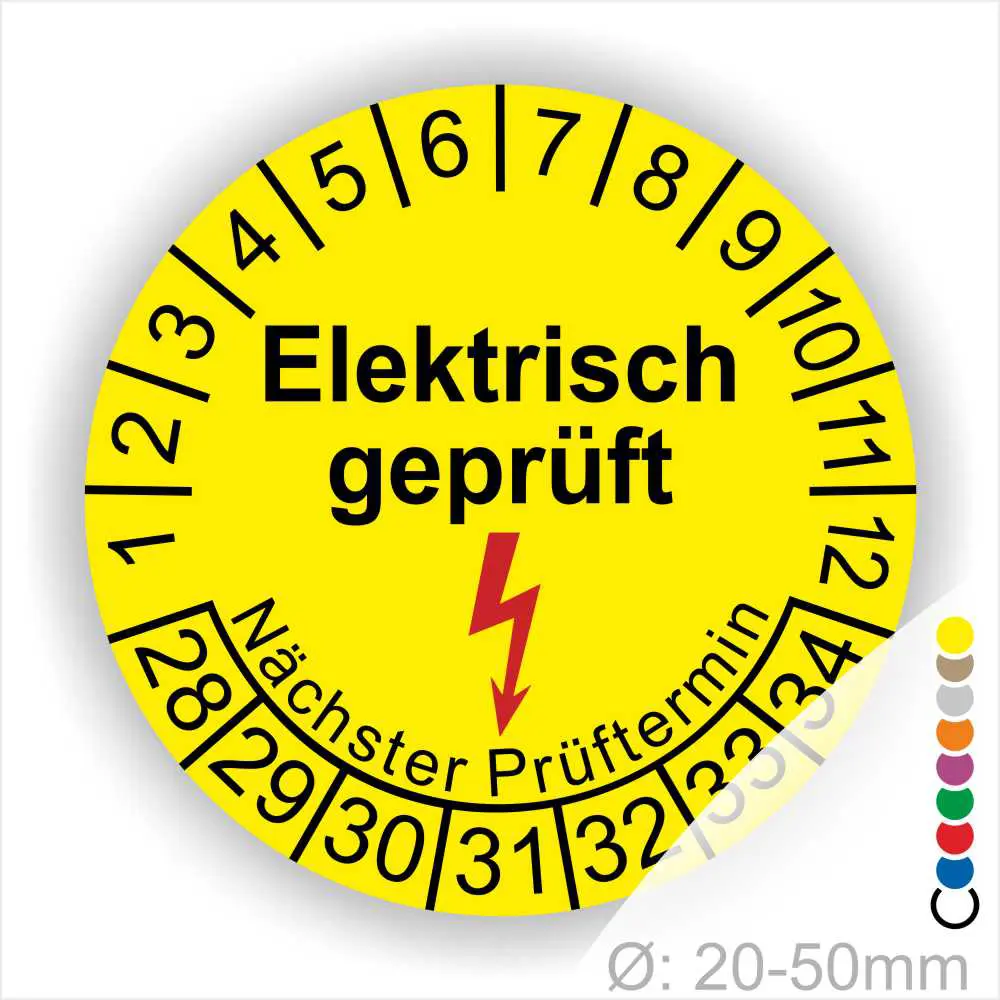 Prüfplaketten-Elektrisch-geprüft-Prüfung-Nächster Prüftermin-Startjahr-28-Farbe-gelb Gelbes Prüfzeichen mit der Aufschrift "Elektrisch geprüft" und einem Blitzsymbol, das den nächsten Prüftermin anzeigt. Durchmesser von 20-50 mm, ideal zur Kennzeichnung von elektrischen Geräten und Sicherheitsprüfungen.