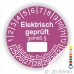 Pruefplakette mit Text Elektrisch geprüft gemäß Paragrapf als Zeichen und Beschriftungfeld zum eintragen des Paragraphs Farbe- Lila Startjahr- 25 mit Monatszahlen Oben und Jahreszahlen Unten Form ist Rund