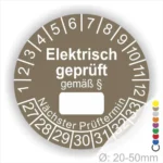 Runde Prüfungsscheibe für elektrische Geräte, beschriftet mit „Elektrisch geprüft gemäß §“. Enthält Platz für das Datum des nächsten Prüftermins und Zahlen von 1 bis 12 sowie 27 bis 33. Ideal für die Einhaltung von Sicherheitsstandards.