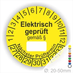 Runde gelbe Prüfplakette „Elektrisch geprüft gemäß §“ mit Monatsring und Jahresring, Beschriftungsfeld und Aufdruck „Nächster Prüftermin“, Ø 20–50 mm