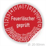 Feuerlöscher geprüft Prüfplakette rot mit Monats- und Jahresring, runde Prüfplakette zur Kennzeichnung geprüfter Feuerlöscher, Durchmesser 20–50 mm