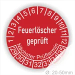 Wartungsaufkleber, Prüfaukleber rund, Farbe- Rot, Text auf Englisch "Feuerlöscher geprüft" in Weiß. Startjahr- 29, Monatszahlen Oben und Jahreszahlen Unten in Kreisform.