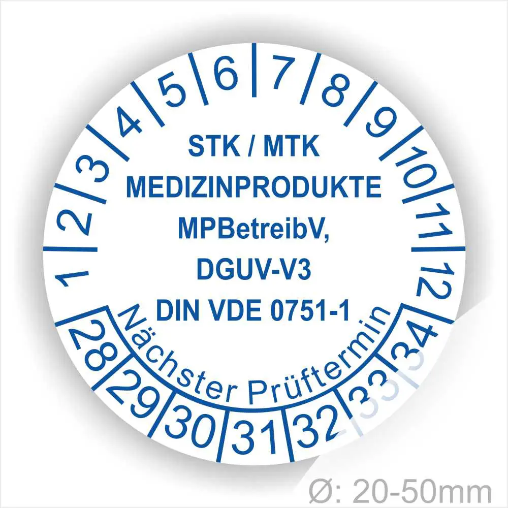 STK / MTK Prüfplakette Medizinprodukte – MPBetreibV, DGUV V3, DIN VDE 0751-1 STK MTK Prüfplakette Medizinprodukte nach MPBetreibV, DGUV V3 und DIN VDE 0751-1 mit Monats- und Jahresring, nächster Prüftermin, Durchmesser 20–50 mm