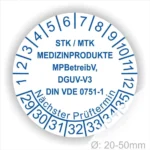 STK MTK Prüfplakette Medizinprodukte nach MPBetreibV, DGUV V3 und DIN VDE 0751-1 mit Monats- und Jahresring, nächster Prüftermin, Durchmesser 20–50 mm