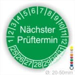 Mehrjahresplakette, Prüfplakette rund, Farbe- Grün, Text "Nächster Prüftermin" in Weiß. Startjahr- 25, Monatszahlen Oben und Jahreszahlen Unten in Kreisform.
