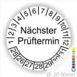 Mehrjahresplakette Prüfplakette rund, Farbe- Weiß, Text "Nächster Prüftermin" in Schwarz. Startjahr- 25, Monatszahlen Oben und Jahreszahlen Unten in Kreisform.