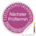 Prüfplaketten, Prüfaufkleber rund, Farbe- Lila, Text "Nächster Prüftermin" in weiss. Startjahr- 26, Monatszahlen Oben und Jahreszahlen Unten in Kreisform.