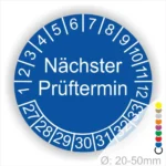 Prüfplakette mit Text Nächster Prüftermin Startjahr- 27, Monatszahlen Oben und Jahreszahlen Unten in Kreisform. Farbe Blau Prüfplakette mit Text Nächster Prüftermin Startjahr- 26, Monatszahlen Oben und Jahreszahlen Unten in Kreisform. Farbe Blau