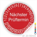 Prüfplaketten, Prüfetiketten rund, Farbe- Rot, Text "Nächster Prüftermin" in Weiß. Startjahr- 27, Monatszahlen Oben und Jahreszahlen Unten in Kreisform.