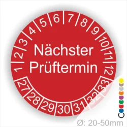 Prüfplaketten, Prüfetiketten rund, Farbe- Rot, Text "Nächster Prüftermin" in Weiß. Startjahr- 27, Monatszahlen Oben und Jahreszahlen Unten in Kreisform.