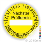 Nächster Prüftermin Prüfplakette gelb mit Beschriftungsfeld, Monats- und Jahresring, runde Prüfplakette zur Kennzeichnung des nächsten Prüftermins, Durchmesser 20–50 mm