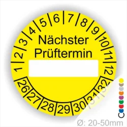 Nächster Prüftermin Prüfplakette gelb mit Beschriftungsfeld, Monats- und Jahresring, runde Prüfplakette zur Kennzeichnung des nächsten Prüftermins, Durchmesser 20–50 mm
