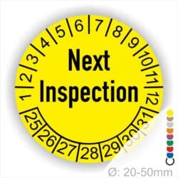 Prüfplaketten, Prüfaufkleber rund, Farbe- Gelb, Text auf Englisch "Next Inspection" in Schwarz. Startjahr- 25, Monatszahlen Oben und Jahreszahlen Unten in Kreisform.