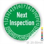 Prüfplaketten, Prüfaukleber rund, Farbe- Grün, Text auf Englisch "Next Inspection" in Weiß. Startjahr- 25, Monatszahlen Oben und Jahreszahlen Unten in Kreisform.