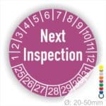 Prüfplaketten, Prüfaukleber rund, Farbe- Lila, Text auf Englisch "Next Inspection" in Weiß. Startjahr- 25, Monatszahlen Oben und Jahreszahlen Unten in Kreisform.