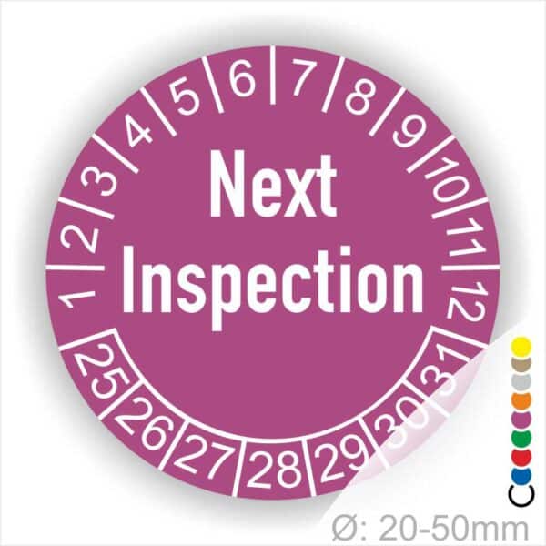 Prüfplaketten, Prüfaukleber rund, Farbe- Lila, Text auf Englisch "Next Inspection" in Weiß. Startjahr- 25, Monatszahlen Oben und Jahreszahlen Unten in Kreisform.