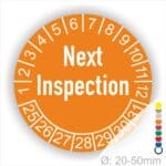 Prüfplaketten, Prüfaukleber rund, Farbe- Orange, Text auf Englisch "Next Inspection" in Weiß. Startjahr- 25, Monatszahlen Oben und Jahreszahlen Unten in Kreisform.