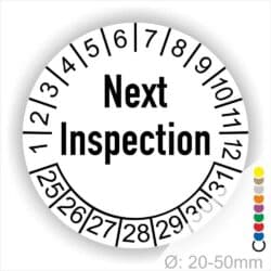 Prüfplaketten, Prüfetiketten rund, Farbe- Weiß, Text auf Englisch "Next Inspection" in Schwarz. Startjahr- 25, Monatszahlen Oben und Jahreszahlen Unten in Kreisform.