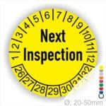 Prüfplaketten, Prüfetiketten rund, Farbe- Gelb, Text auf Englisch "Next Inspection" in Schwarz. Startjahr- 26, Monatszahlen Oben und Jahreszahlen Unten in Kreisform.