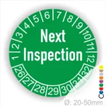 Prüfplaketten, Prüfaufkleber rund, Farbe- Gelb, Text auf Englisch "Next Inspection" in Schwarz. Startjahr- 26, Monatszahlen Oben und Jahreszahlen Unten in Kreisform.