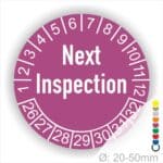 Prüfetiketten, Prüfaukleber rund, Farbe- Lila, Text auf Englisch "Next Inspection" in Weiß. Startjahr- 26, Monatszahlen Oben und Jahreszahlen Unten in Kreisform.