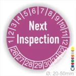 Prüfplaketten, Prüfaufkleber rund, Farbe- lila, Text auf Englisch "Next Inspection" in Weiss. Startjahr- 26, Monatszahlen Oben und Jahreszahlen Unten in Kreisform.