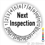 Prüfplaketten, Prüfaufkleber rund, Farbe- Weiss, Text auf Englisch "Next Inspection" in Schwarz. Startjahr- 26, Monatszahlen Oben und Jahreszahlen Unten in Kreisform.